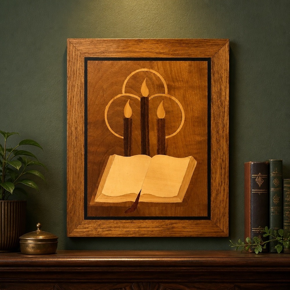 Vintage Marquetry Wood Inlay Wall Art Plaque Candles Book Brown Handmade Art